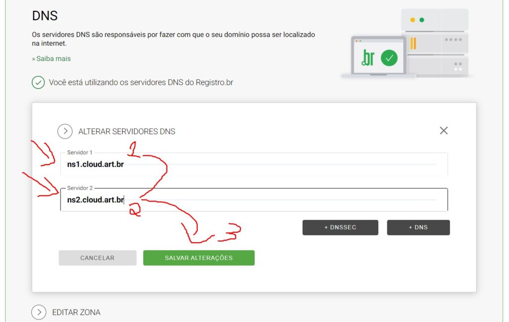 Editando Configurações DNS 5 ti pro br registro dns 3